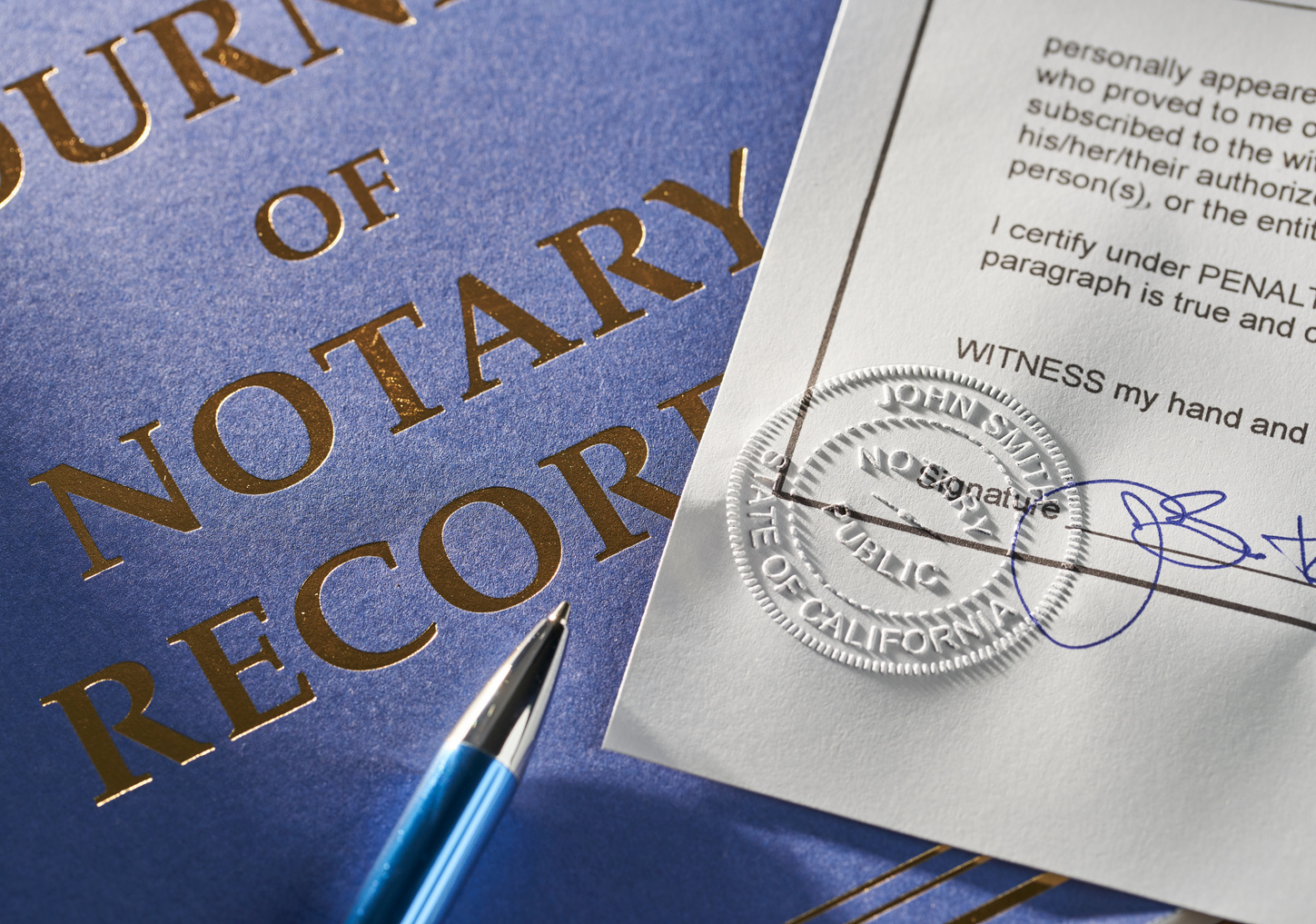Notary Public: Seal embossed on document with journal